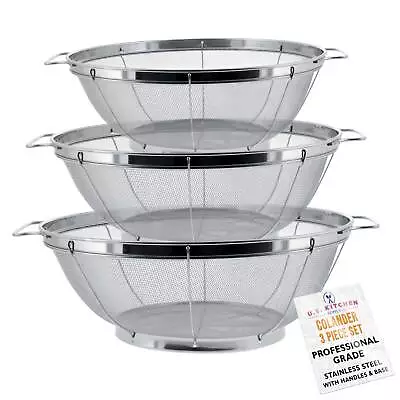 U.S. Kitchen 3pc Colander Set Stainless Steel Mesh Strainer Net Baskets 3 4 5qt • $19.99