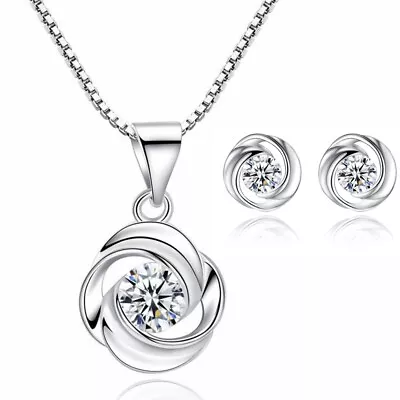 925 Sterling Silver Swirl Stone Pendant Necklace Stud Earrings Womens Jewellery • £3.47