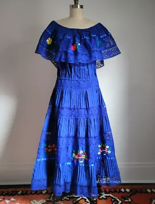 Vintage Mexican Blue Cotton Hand Embroidered Pintuck Pleated Crochet Lace Dress • £85.90