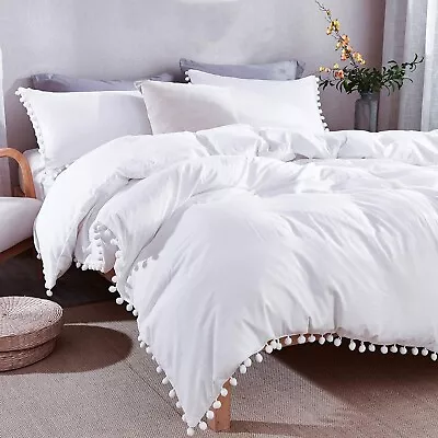 Pom Pom Fringe Duvet Cover Queen Size (90X90 Inch) 3 Pieces (1 Solid White Duve • £22.80