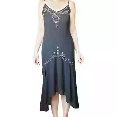 Vintage 90s Black Mesh Flapper Style Evening Gown Prom Dress Asymetric Beaded 14 • $52