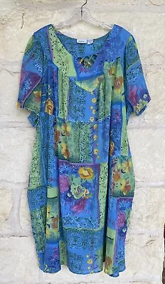 The Vermont Country Store Blue Green Mixed Pattern Cotton Gauze Dress Womens 3X • $26