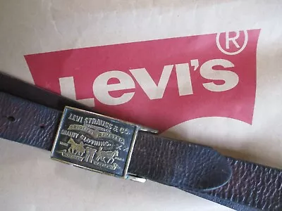 True Vintage Real LEVIS Brown LEATHER BELT & VINTAGE 2 HORSE LOGO Brass BUCKLE • £54.99