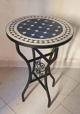 Moroccan White And Blue Round Bistro Coffee Table With Handmade Mosaic Art. • $305