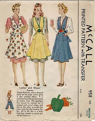 Fitted Bib APRON W Applique McCall 958 VTG 1942 Craft Sewing Pattern • $6.50