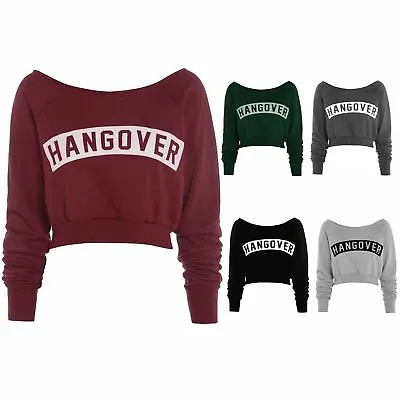 New Womens Ladies Off The Shoulder Long Sleeve Hangover Print Cropped Sweatshirt • £6.23