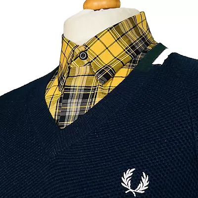 Fred Perry Broken Tipped Wool Knit V Neck Jumper - Navy - L/XL - Mod Scooter • £0.99