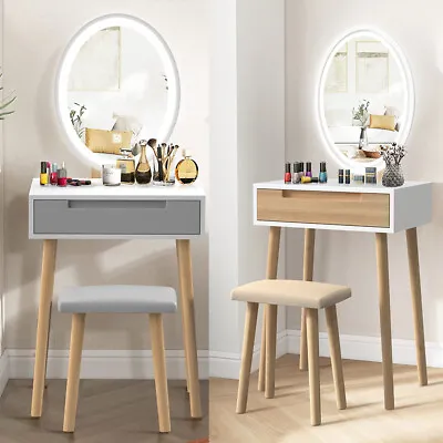 Vanity Makeup Table Stool Set With LED Lighted Mirror & Drawers Dressing Desk US • $139.99