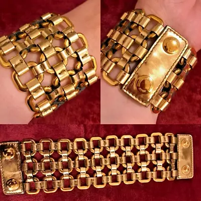 MIU MIU Wide Gold Metal Leather Clips Bracelet Size M • $290