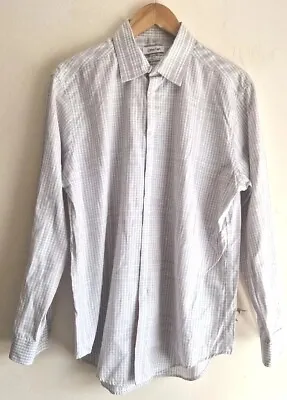 CALVIN KLEIN Shirt Mens Medium Grey Slim Fit Neck 16.5  Long Sleeve Cotton Check • £2.99