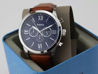 New Authentic Fossil Flynn Silver Brown Leather Chronograph Bq2125 Men Watch • $79.99