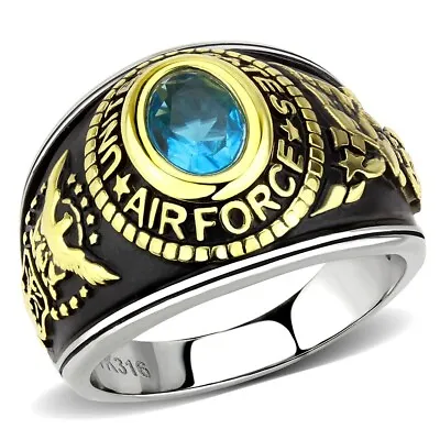 Mens Air Force Ring Military Blue Topaz Signet Pinky Stainless Steel USA CZ Gold • £22.99