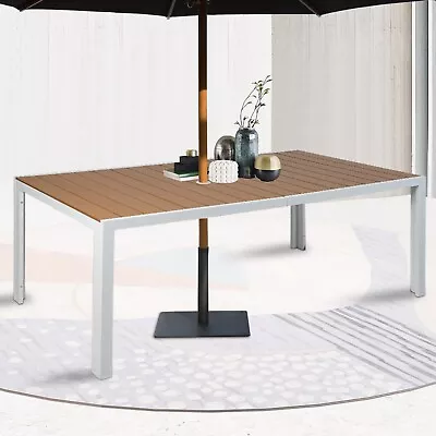 VILOBOS 6-8 Person Outdoor Dining Table Wood Effect Aluminum Frame Umbrella Hole • $299.99