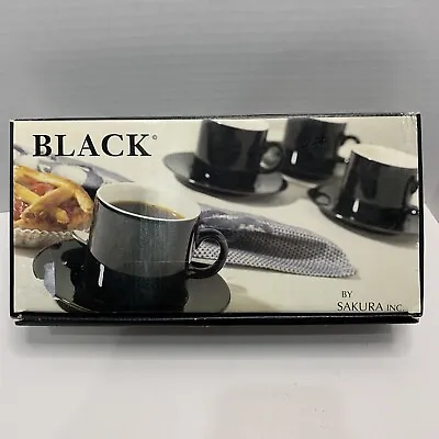 Sakura Set Of Four Black Espresso/Cappuccino Cups/Saucers Pristine! New In Box! • £28.92