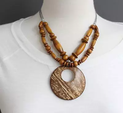 Brown Wood Disc Big Chunky Bead 16  Long Necklace Beaded Wooden Lightweight • $9.99