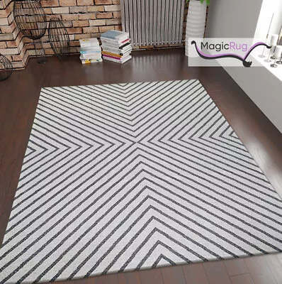 Cream Geometric Rug 100% Cotton Large Small Modern Striped Woven Washable Mat • £33.99