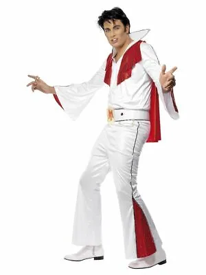 NEW Elvis Presley White & Red Legend Rockstar Men's Fancy Dress Costume • £35.49