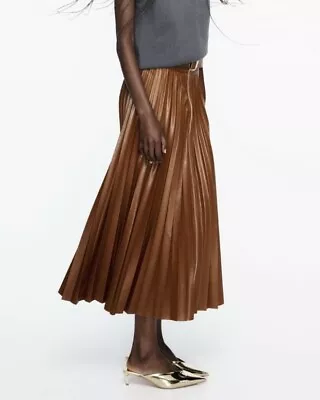 ZARA Brown  Pleated Faux Leather With Midi Skirt Size S W28 RRP £49.9 • £21.80