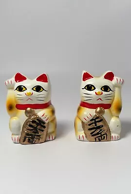Japanese Right And Left Paws Beckoning Cat Maneki Neko Ceramic Figurine Set Of 2 • $16.50