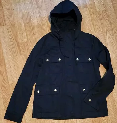 J. Crew Womens Jacket Medium Navy Blue Utility Hood Khaki Pockets Snap Zip • $44.97