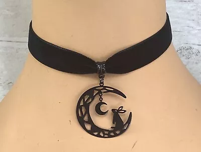 £4.99 • Buy Black Velvet Choker/ Necklace Rabbit Hare On Crescent Moon Charm Goth Pagan