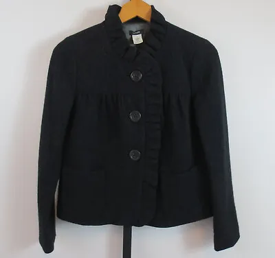 J Crew Luxe Donegal Fiona Jacket Coat Womens Size 0 Black Tweed 100% Wool Ruffle • $37.49