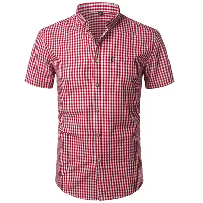 Men Plaid Button Down Shirt  New Short Sleeve Work Tops Slim Fit Casual Checks • £11.99