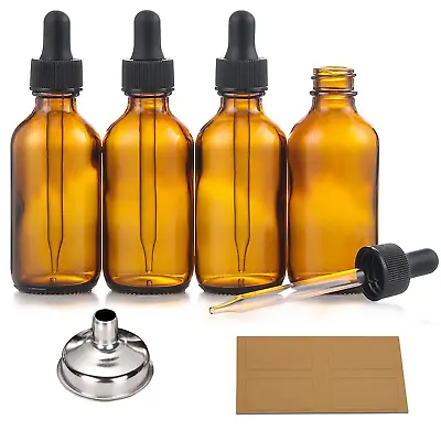 4 Pack 2 Oz Dropper Bottles With 1 Funnels & 4 Labels - 60Ml Thick Dark Amber G • $8.82