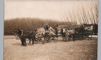 CREW RIDING FARM EQUIPMENT Real Photo Postcard Rppc Wagon Horse Drawn Treshing • $17