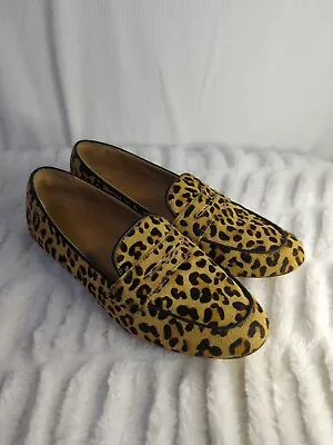 J. Crew Calf Hair Leopard Print Penny Loafers Size 8 Slip On Leather  • $40