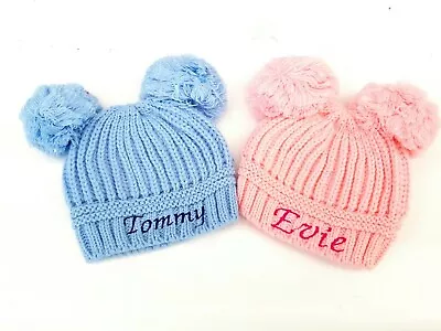 Personalised Baby Double  POM POM Beanie Embroidered Hat 4 Colours • £4.99