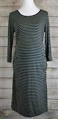 Liz Lange Women Maternity Striped 3/4 Sleeve Tee Dress Ruched Sides Olive Navy M • $17.50