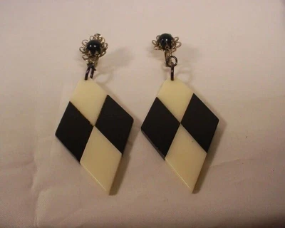 £29.50 • Buy Vintage Retro Art Deco Black And White Acrylic  Earrings 1960s #1