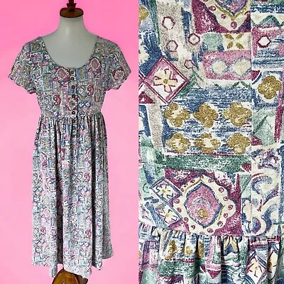 Vintage 80s 90s Printed Pattern Patchwork Style Fit Flare Button Front Dress 10 • $79.99