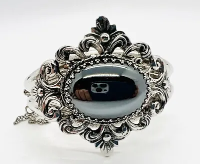 WHITING & DAVIS Ornate Hematite Glass Bangle Bracelet Signed Vintage Jewelry • $84.50