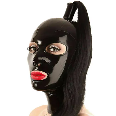 Womens Lingerie Latex Hood Mask Face Cover With Ponytail Wig With Zipper Cosplay • $33.75