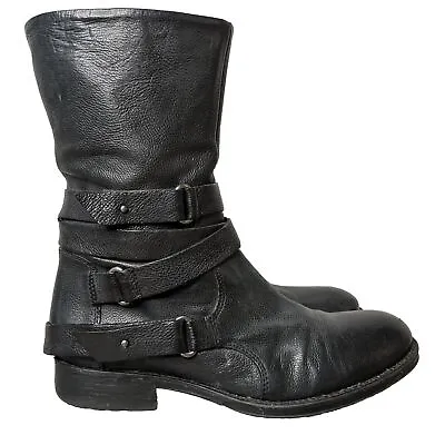 Vera Wang Lavender- Black Leather Kippy Boots Buckle Straps Zipper 8 Mid Calf • $80