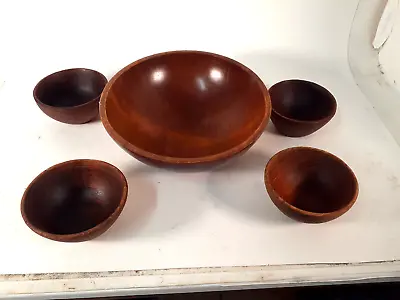 Vintage Wooden 13  Diameter Bowl And 4 Teak 6  Salad Bowls • $34