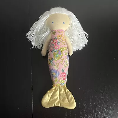 ALIMROSE 40cm Plush Floral Mermaid Doll Gold Tail White Yarn Hair • $10.80