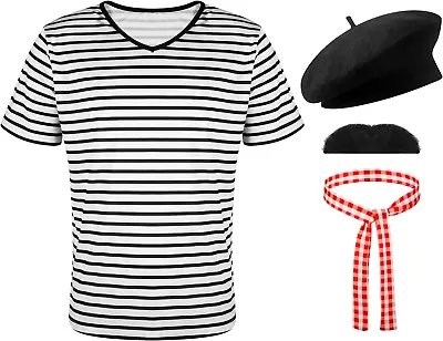 4 Pcs Mardi Gras French Men Mime Costume Black And White Stripe Neck Short Sleev • $32.29