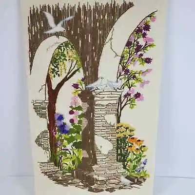 Vintage Farmhouse Hand Embroidered Picture Garden Birds & Flowers 23x14 Inch • $24