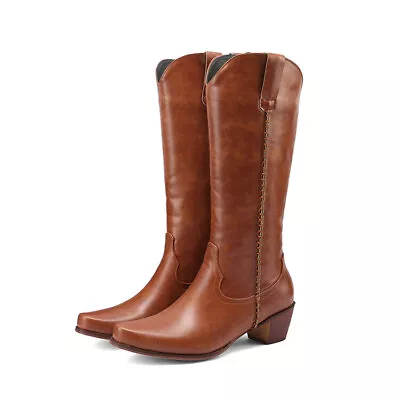 Women Western Cowboy Boots Cuban Heel Pointed Toe Pull On Mid Calf Boots 34-43 • $110.67