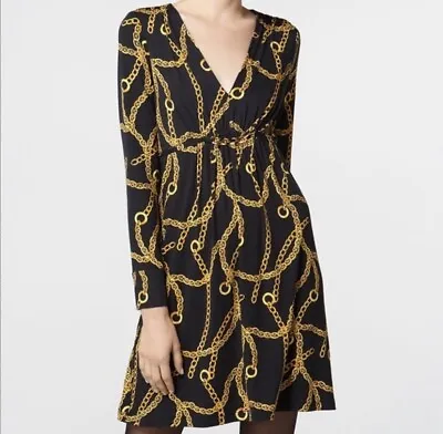 Milly NY Women’s V Neck Long Sleeve Belt Chain Knit Dress Black & Gold Size M • $55