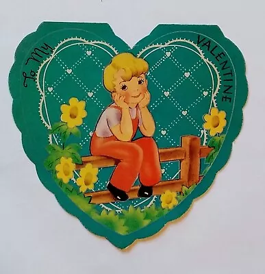 Vintage Valentine Card Green Heart Boy On Fence • $5.95