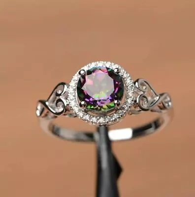 925 Sterling Silver Round Mystic Topaz Gemstone Prong Set Cubic Zirconia Ring • $32.99