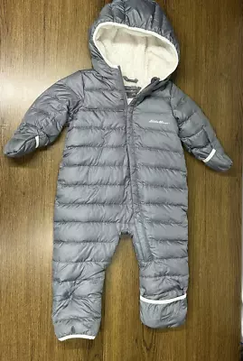 Eddie Bauer Snowsuit Baby 18 Months Grey Cream Sherpa Duck Down Snuggly Hooded • $29.99