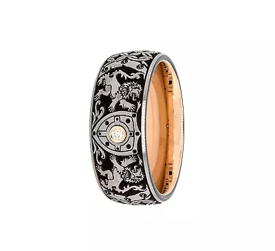 9mm Tungsten Ring With Medieval Engravings Shield Cross 2 Lions With Diamond • $420