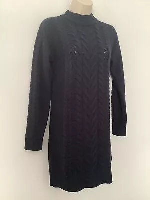 Uniqlo Size XS Navy Blue Chunky Cable Knit Jumper Dress High Neck Long Sleeves • £12.85