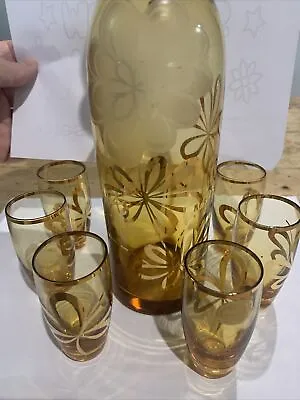 Vintage Bohemian Glass Decanter Set Amber/ Gold Stunning Set 6 Glasses Art Deco • $49