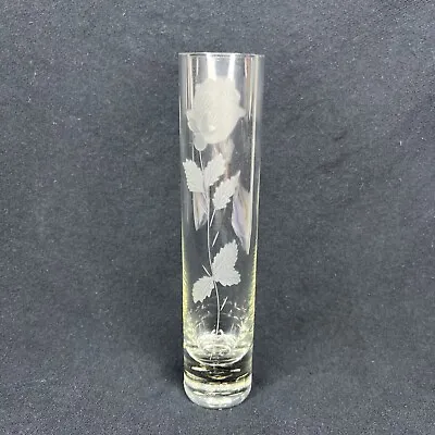 Vintage Clear Rose Etched Glass Cylinder Vase Skinny Flower Rose Bud Vase 7” • $17.54